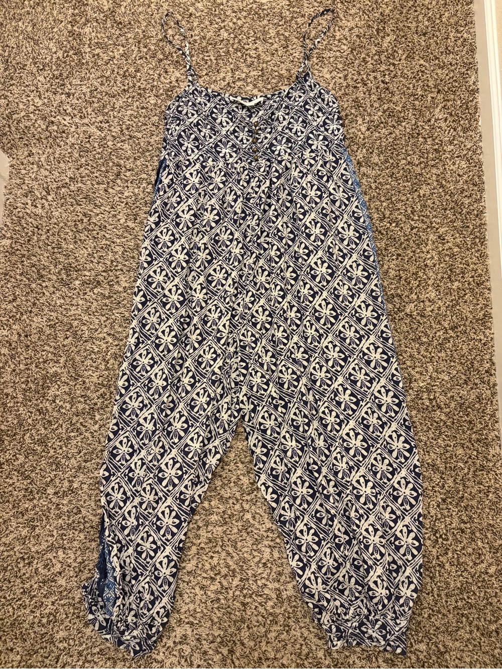 Anthropologie Mark D. Sikes Navy & White Printed Harem Jumpsuit